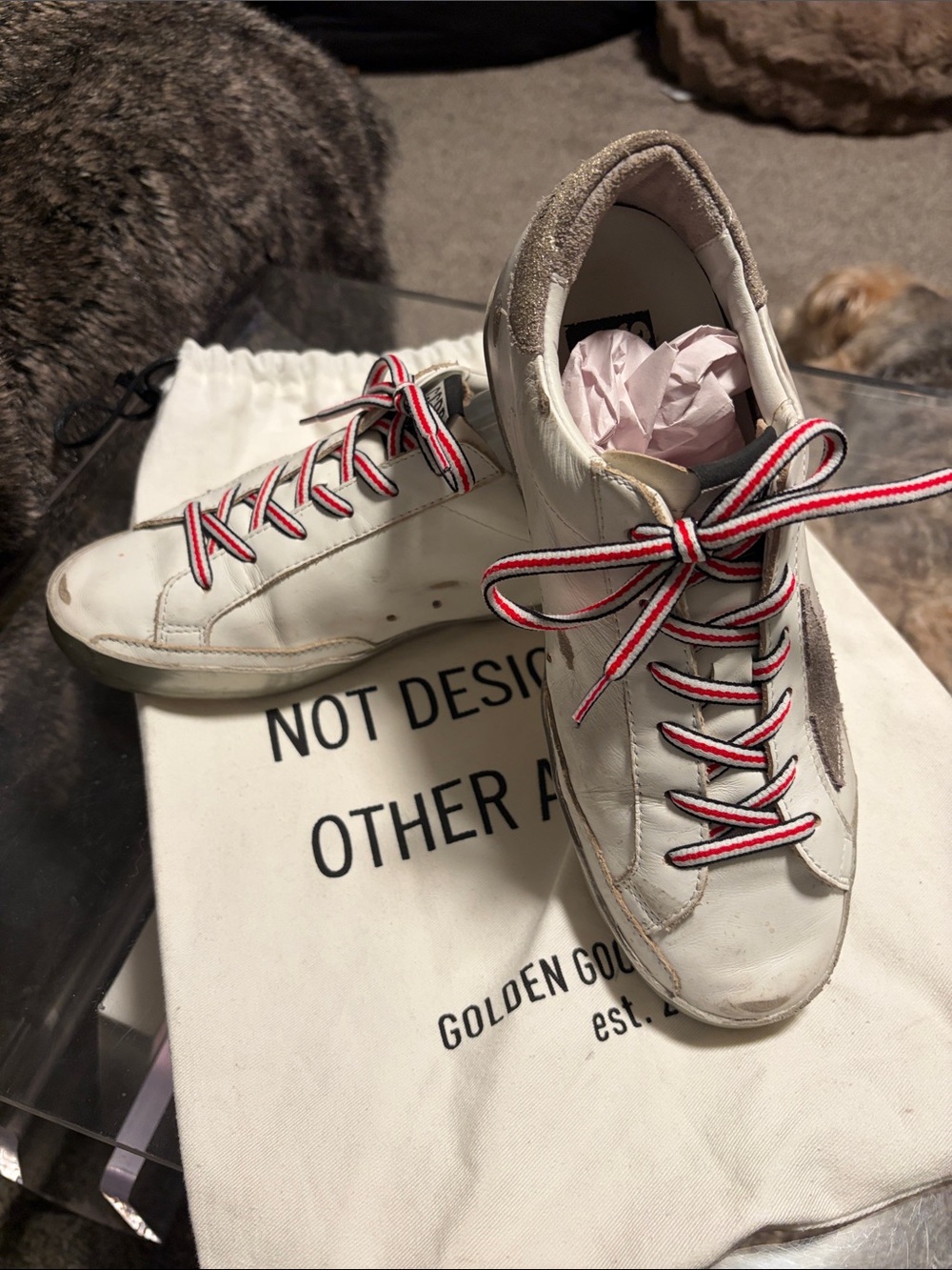 Golden Goose SUPER ⭐️STAR white leather Silver Star.  Red and blue laces.